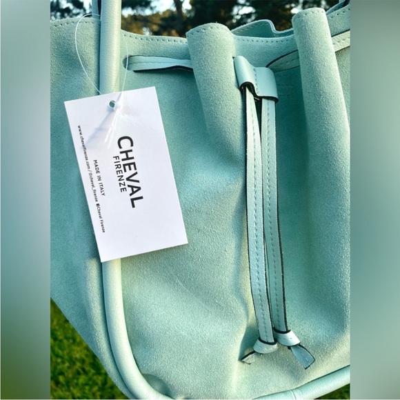 Cheval Firenze Seafoam Mint Suede Tote Made In Italy Drawstring Bag w/ Pouch NWT - Picture 11 of 11